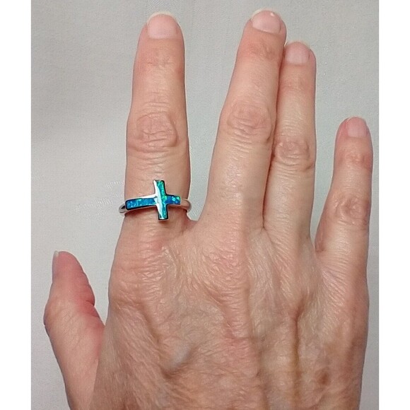 Opal Inlay Cross Ring 925 Size 8 - Picture 1 of 7